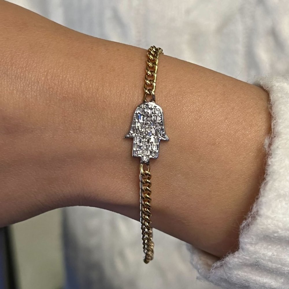 0.43Cttw Baguette Cut Diamond Hamsa Cuban Link Chain Bracelet 14K Yellow Gold